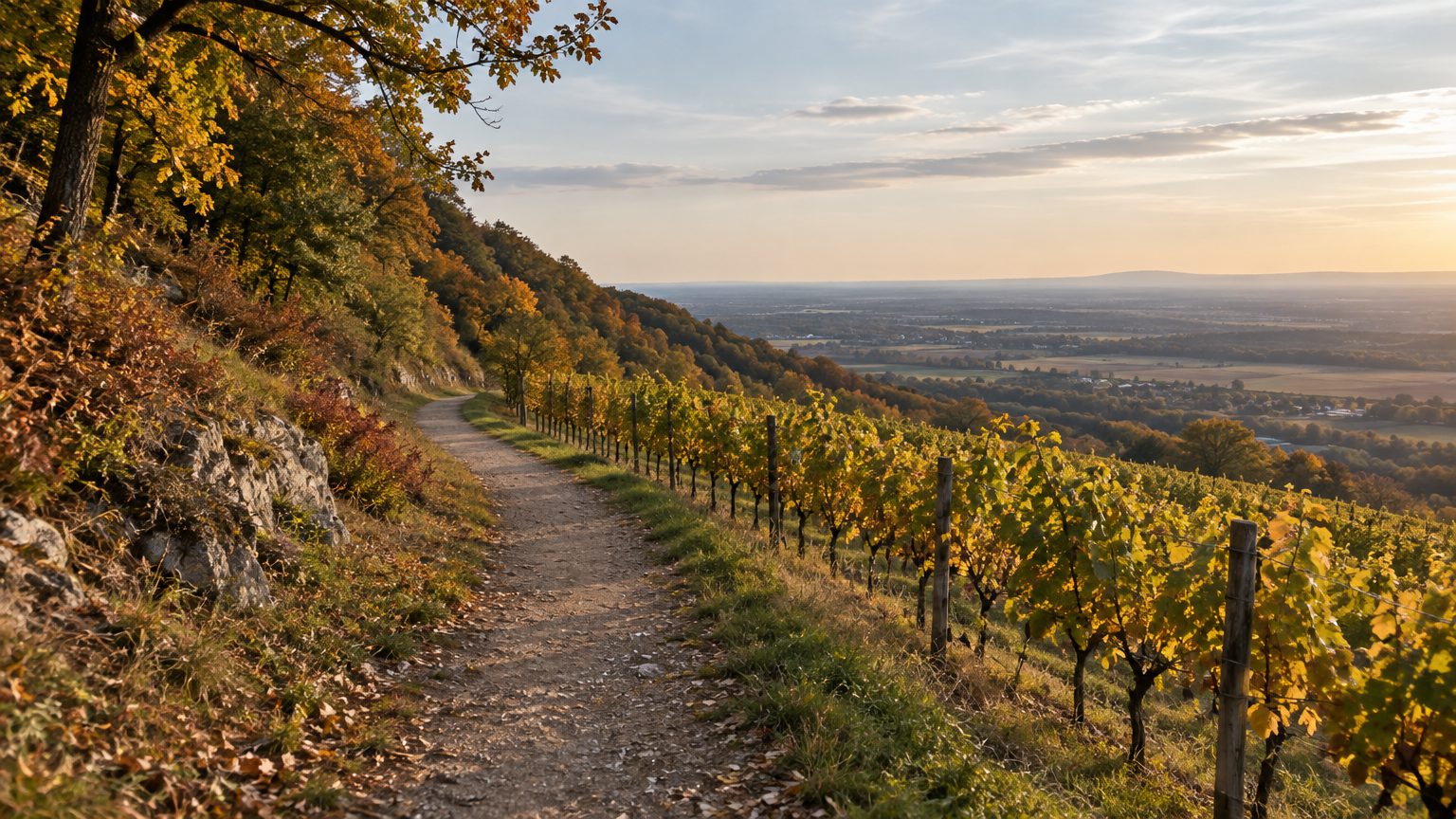 Symbolbild: ein Wanderweg am Rand eines herbstlich gelben Weingartens, links ein bewaldeter Hang, rechts der Blick über eine weite flache Ebene bis zum Horizont