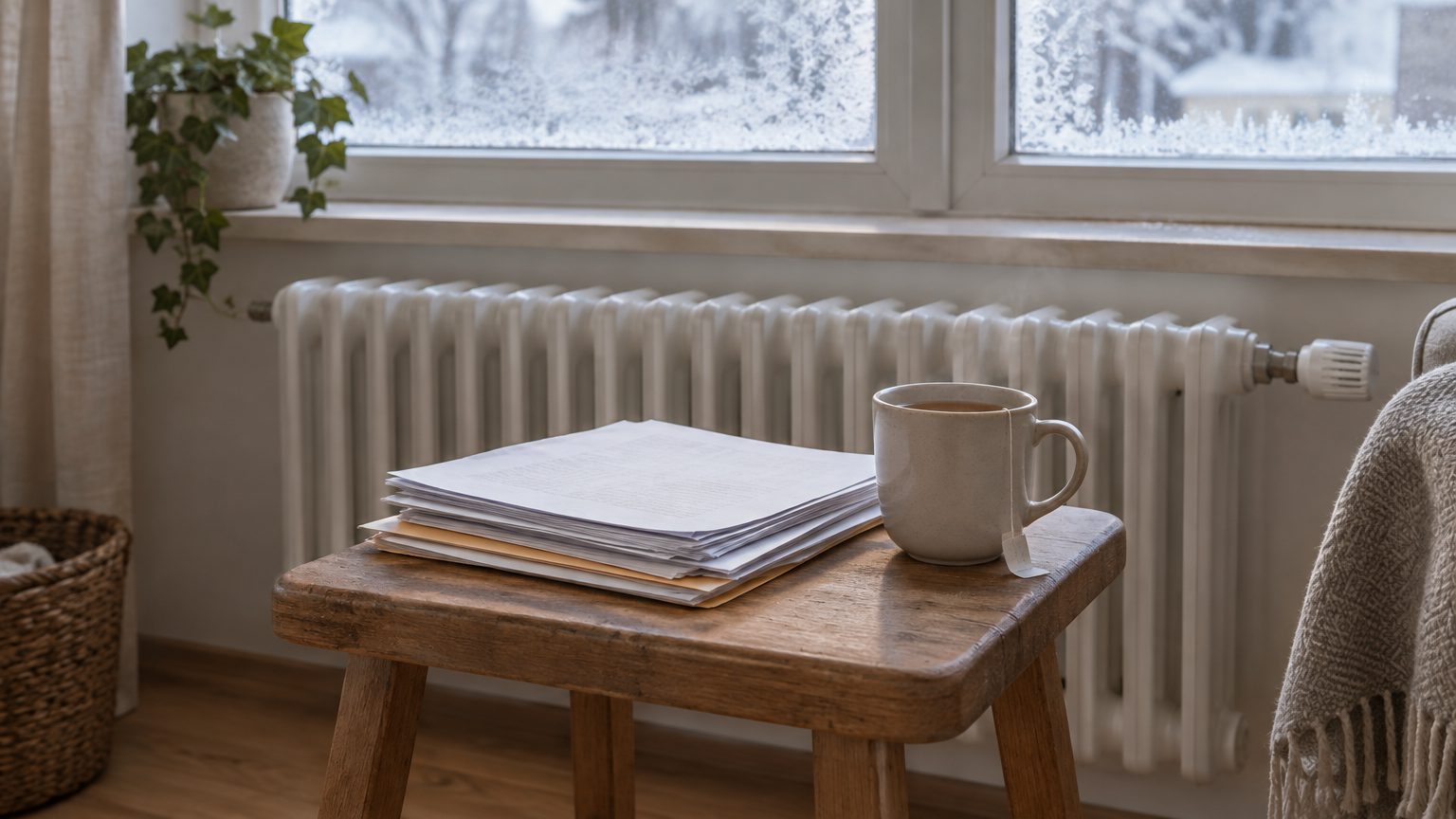 Symbolbild: Heizkörper unter einem Fenster mit Eisblumen, davor ein Holzhocker mit einem Stapel Papiere und einer Tasse Tee