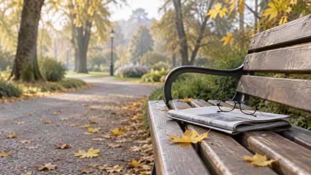 Symbolbild: leere Holzbank in einem herbstlichen Park, darauf eine Lesebrille auf einer gefalteten Zeitung, gelbe Blätter am Kiesweg