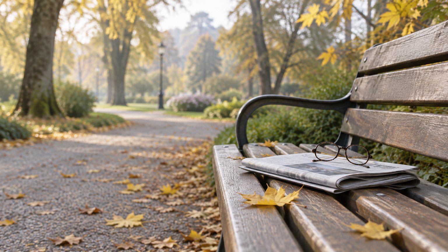 Symbolbild: leere Holzbank in einem herbstlichen Park, darauf eine Lesebrille auf einer gefalteten Zeitung, gelbe Blätter am Kiesweg