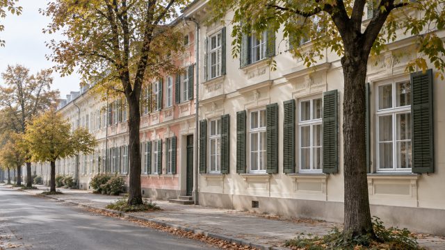 Symbolbild: eine Häuserzeile mit hell verputzten Biedermeier-Fassaden, Stuckgesimsen und grünen Fensterläden an einer von Kastanien gesäumten Straße