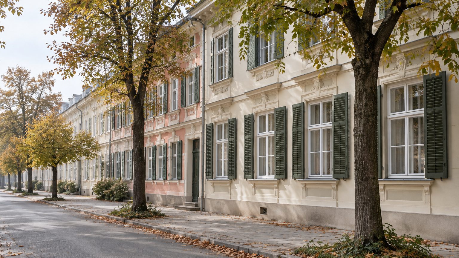 Symbolbild: eine Häuserzeile mit hell verputzten Biedermeier-Fassaden, Stuckgesimsen und grünen Fensterläden an einer von Kastanien gesäumten Straße