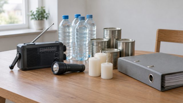 Symbolbild: Auf einem Holztisch stehen ein Kurbelradio, eine Taschenlampe, Wasserflaschen, Konservendosen, drei Kerzen und ein grauer Ordner