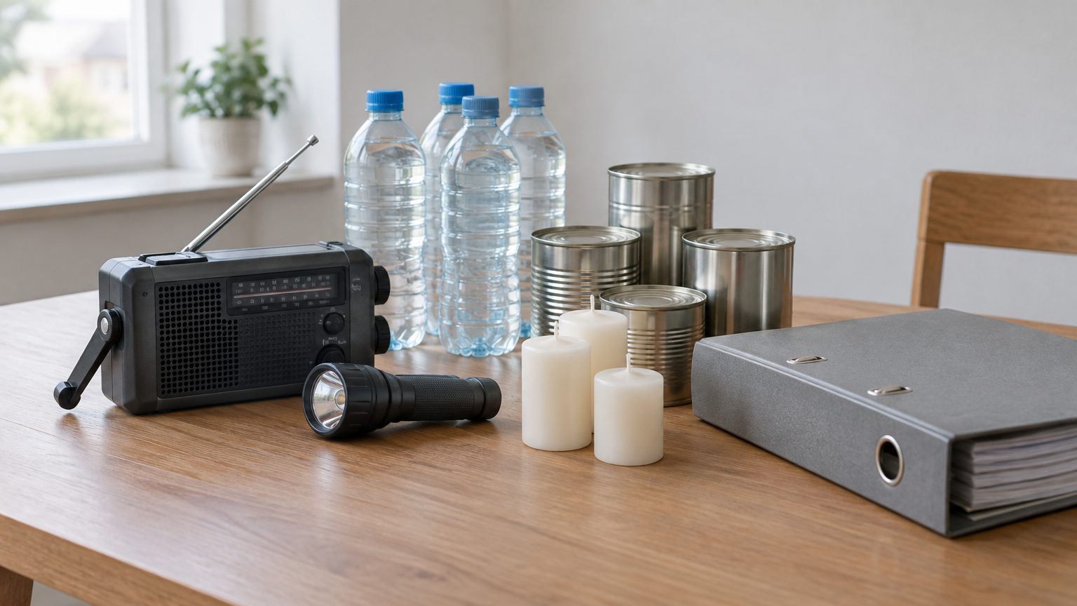 Symbolbild: Auf einem Holztisch stehen ein Kurbelradio, eine Taschenlampe, Wasserflaschen, Konservendosen, drei Kerzen und ein grauer Ordner