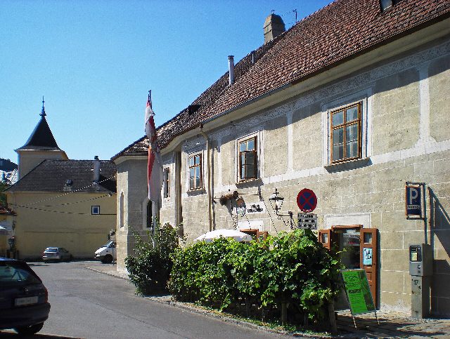 Das Haus der Badener Hauervinothek am Brusattiplatz mit Schild über der Tür und Weinstöcken davor