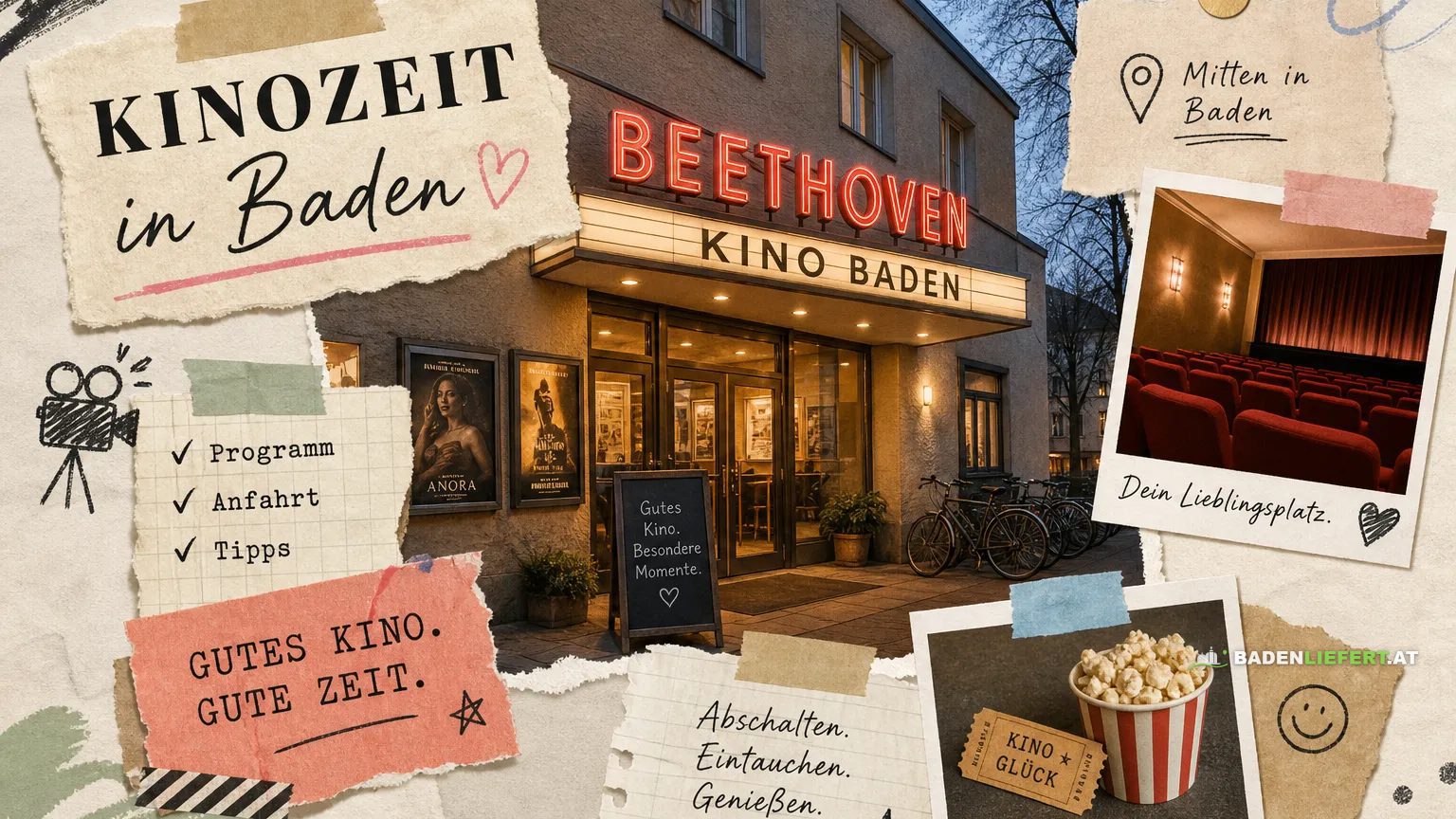Collage im Papierlook: gezeichnete Kinofassade mit der Leuchtschrift Beethoven Kino Baden, daneben ein Kinosaal mit roten Sesseln und eine Popcorntüte