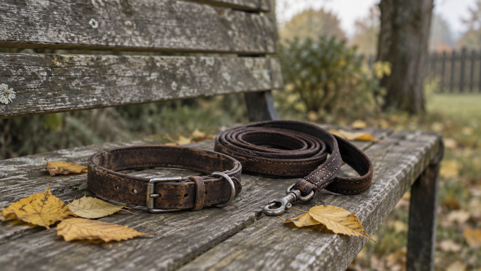 Symbolbild: abgenutztes Lederhalsband und eingerollte Hundeleine auf einer verwitterten Holzbank mit gelbem Herbstlaub