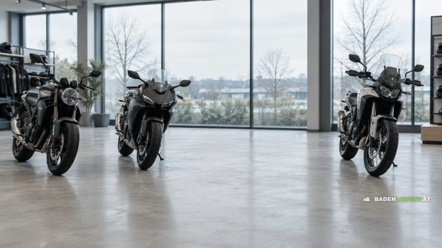 Symbolbild: drei neue Motorräder in einem hellen Verkaufsraum, dazwischen eine leere Stelle auf dem Betonboden
