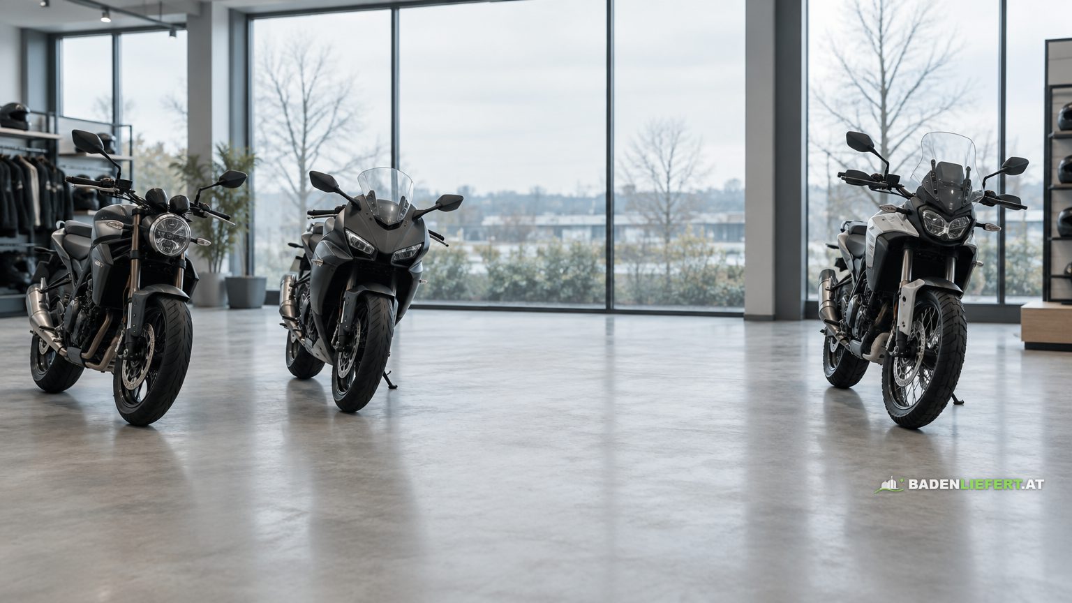 Symbolbild: drei neue Motorräder in einem hellen Verkaufsraum, dazwischen eine leere Stelle auf dem Betonboden