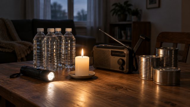 Symbolbild: ein Holztisch in einem dunklen Wohnzimmer mit brennender Kerze, Taschenlampe, Kurbelradio, Wasserflaschen und Konservendosen