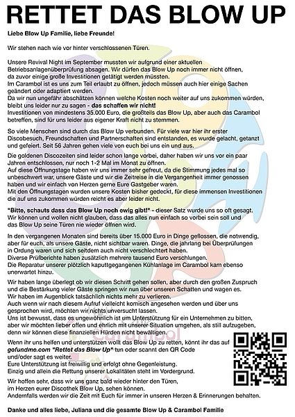 Plakat „Rettet das Blow Up“: Aufruf der Betreiber mit Text und QR-Code zur Spendenaktion