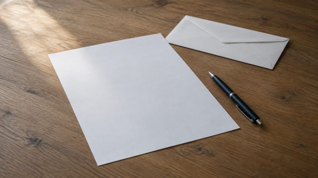 Ein leeres weißes Blatt Papier liegt auf einem Holzschreibtisch, daneben ein Kugelschreiber und ein ungeöffneter Briefumschlag.