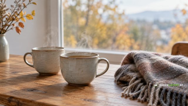 Symbolbild: zwei dampfende Tassen auf einem Holztisch am Fenster, daneben ein Wollschal