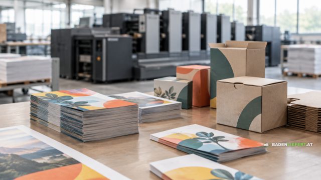 Symbolbild: Stapel bedruckter Flyer und Faltschachteln vor Druckmaschinen in einer Halle