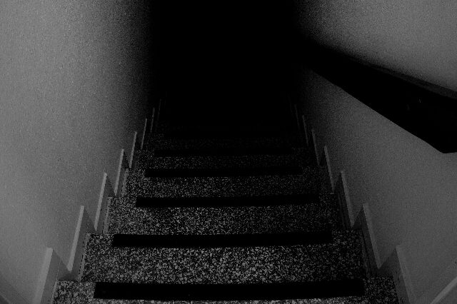 Schwarzweißfoto einer schmalen Kellertreppe, die nach unten ins Dunkle führt
