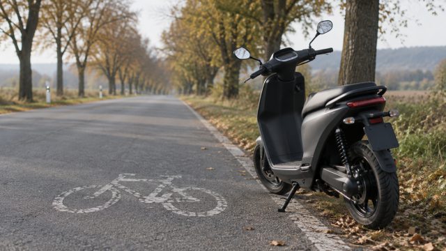 Symbolbild: ein Elektro-Moped am Rand einer Landstraße, daneben eine Fahrradmarkierung auf dem Asphalt, dahinter eine Allee im Herbstlicht