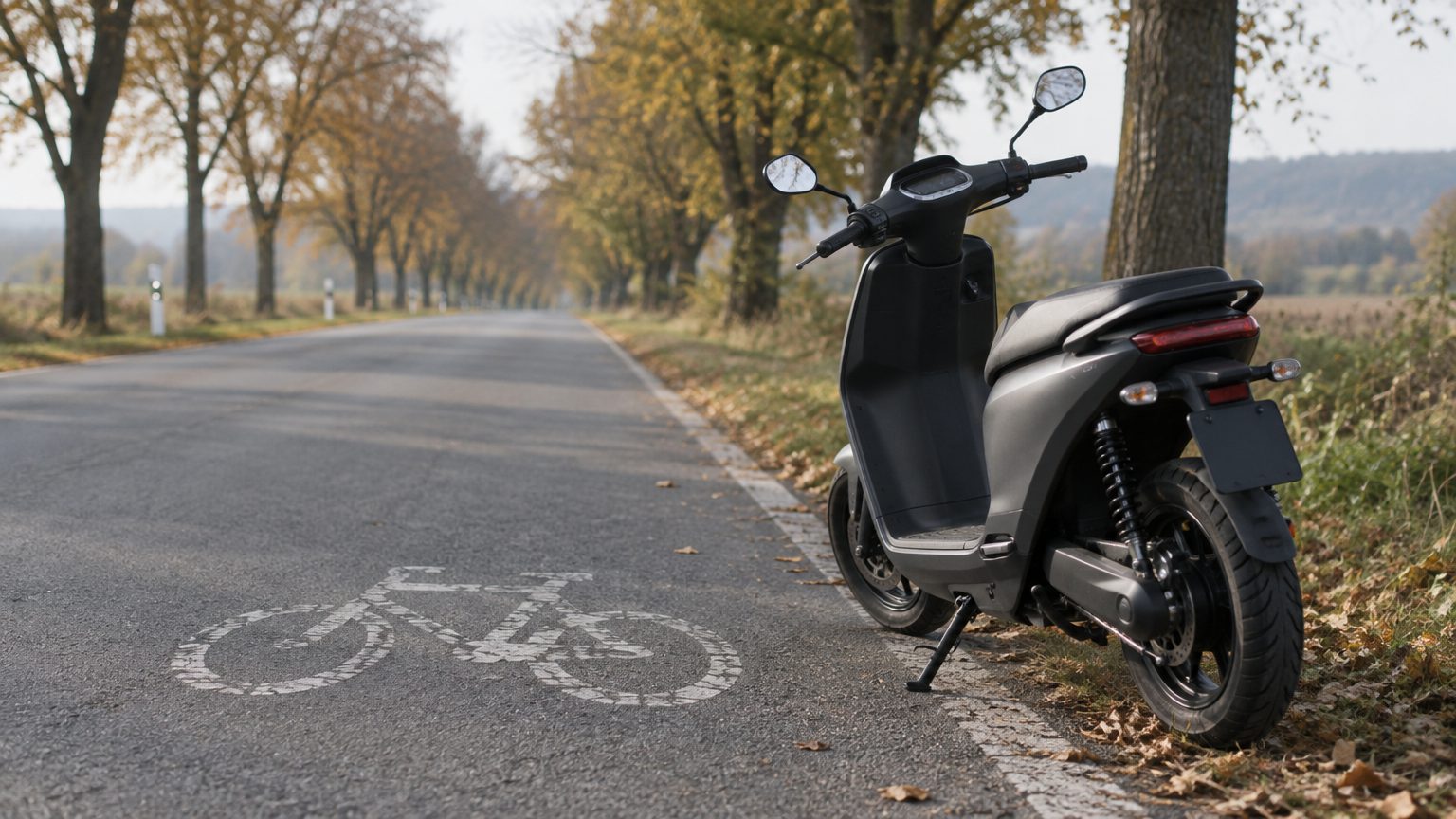 Symbolbild: ein Elektro-Moped am Rand einer Landstraße, daneben eine Fahrradmarkierung auf dem Asphalt, dahinter eine Allee im Herbstlicht