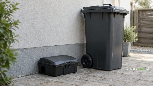 Symbolbild: eine geschlossene schwarze Köderstation aus Kunststoff an einer Hauswand neben einer Mülltonne