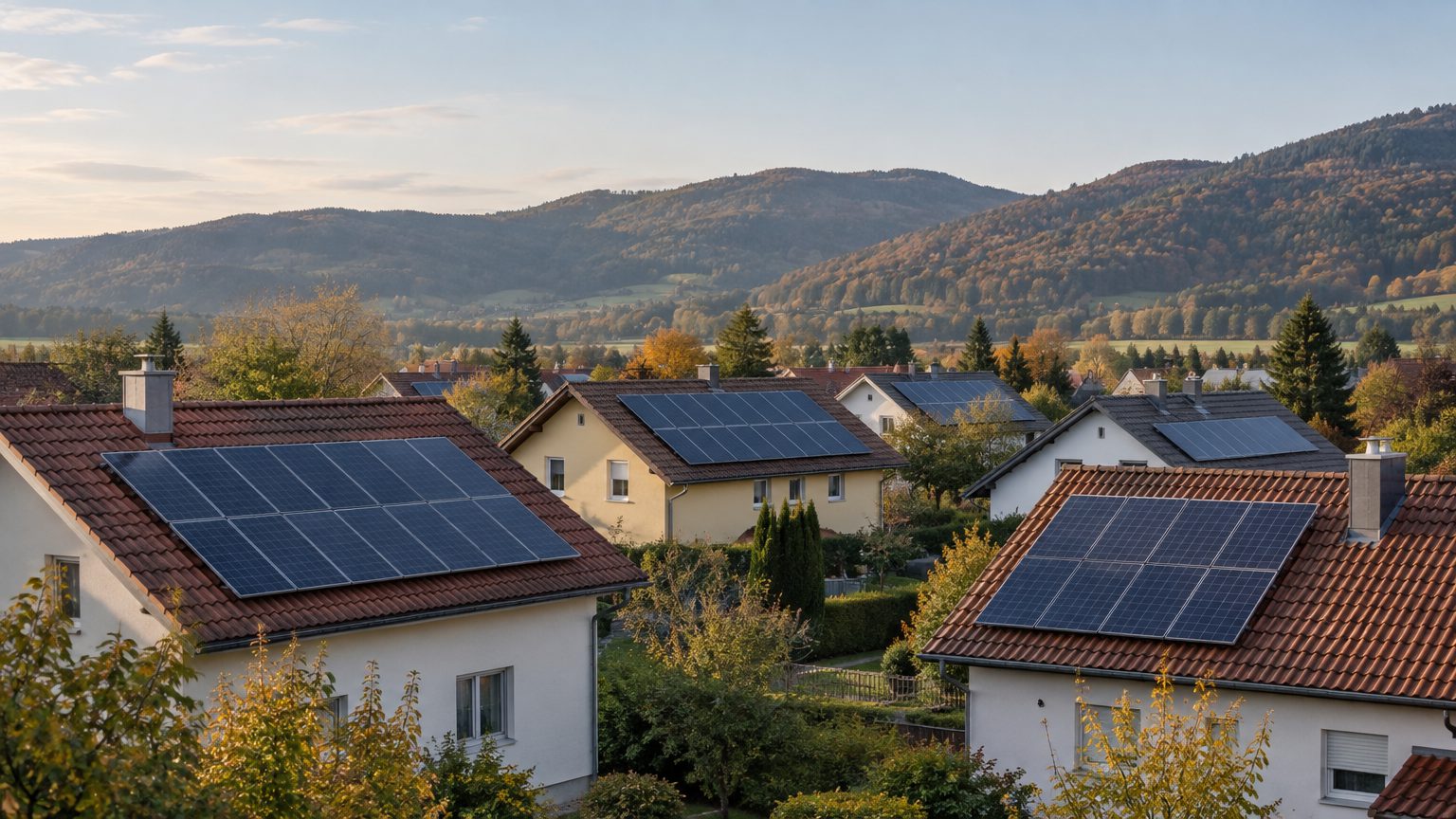 Symbolbild: benachbarte Einfamilienhäuser einer Kleingemeinde mit Photovoltaikmodulen auf den Ziegeldächern, dahinter bewaldete Hügel