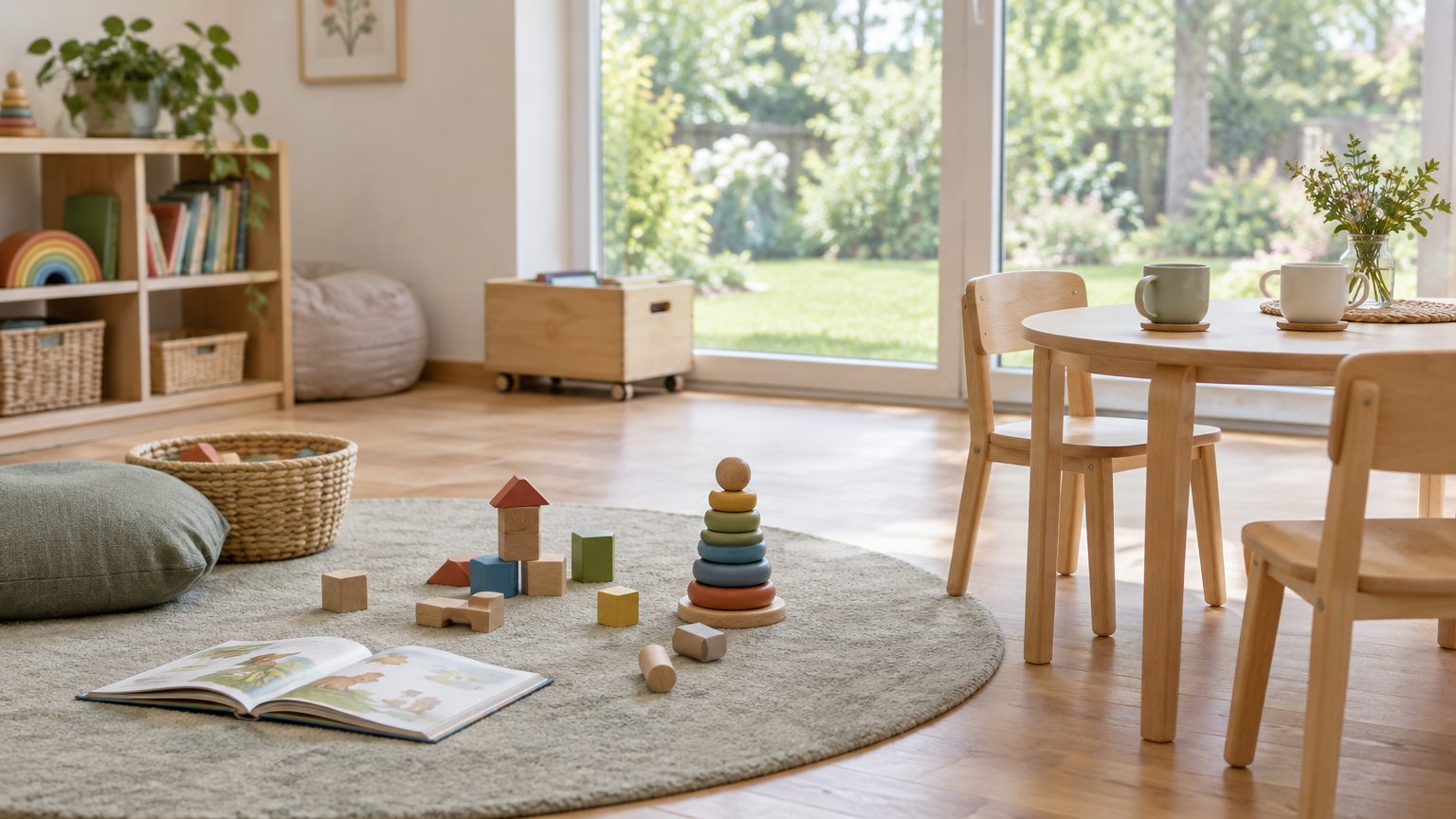 Symbolbild: heller Spielraum mit Holzbauklötzen, Stapelturm und Bilderbuch auf einem runden Teppich, daneben ein Holztisch mit zwei Tassen vor einem Fenster zum Garten