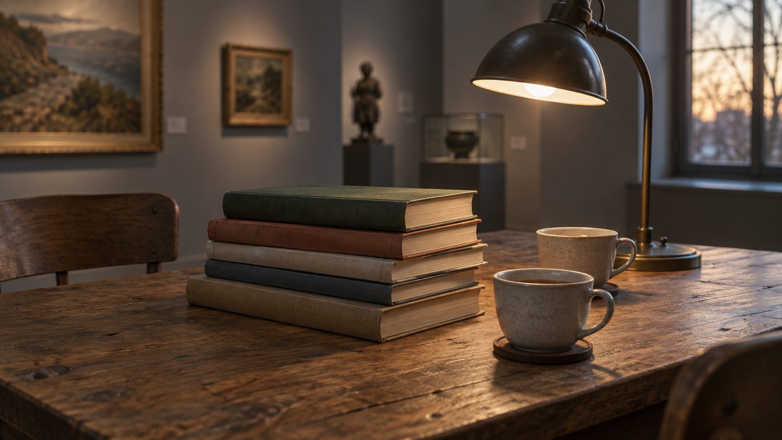 Holztisch mit einem Stapel Bücher, zwei Tassen und einer Schreibtischlampe in einem Ausstellungsraum mit Gemälden und einer Skulptur