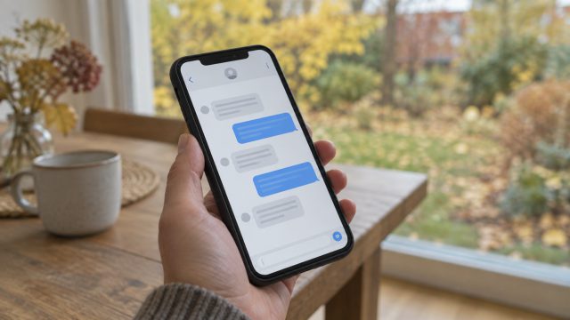 Symbolbild: eine Hand hält ein Mobiltelefon, auf dem Bildschirm Sprechblasen ohne lesbaren Text, dahinter ein Fenster mit herbstlichem Garten