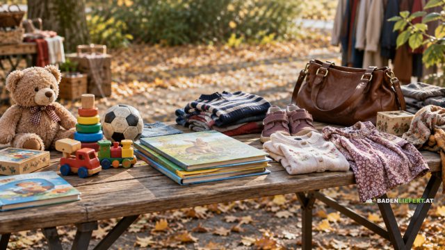 Symbolbild: Flohmarkttisch im herbstlichen Freien mit Teddybär, Holzspielzeug, Kinderbüchern, Kinderkleidung und einer Ledertasche
