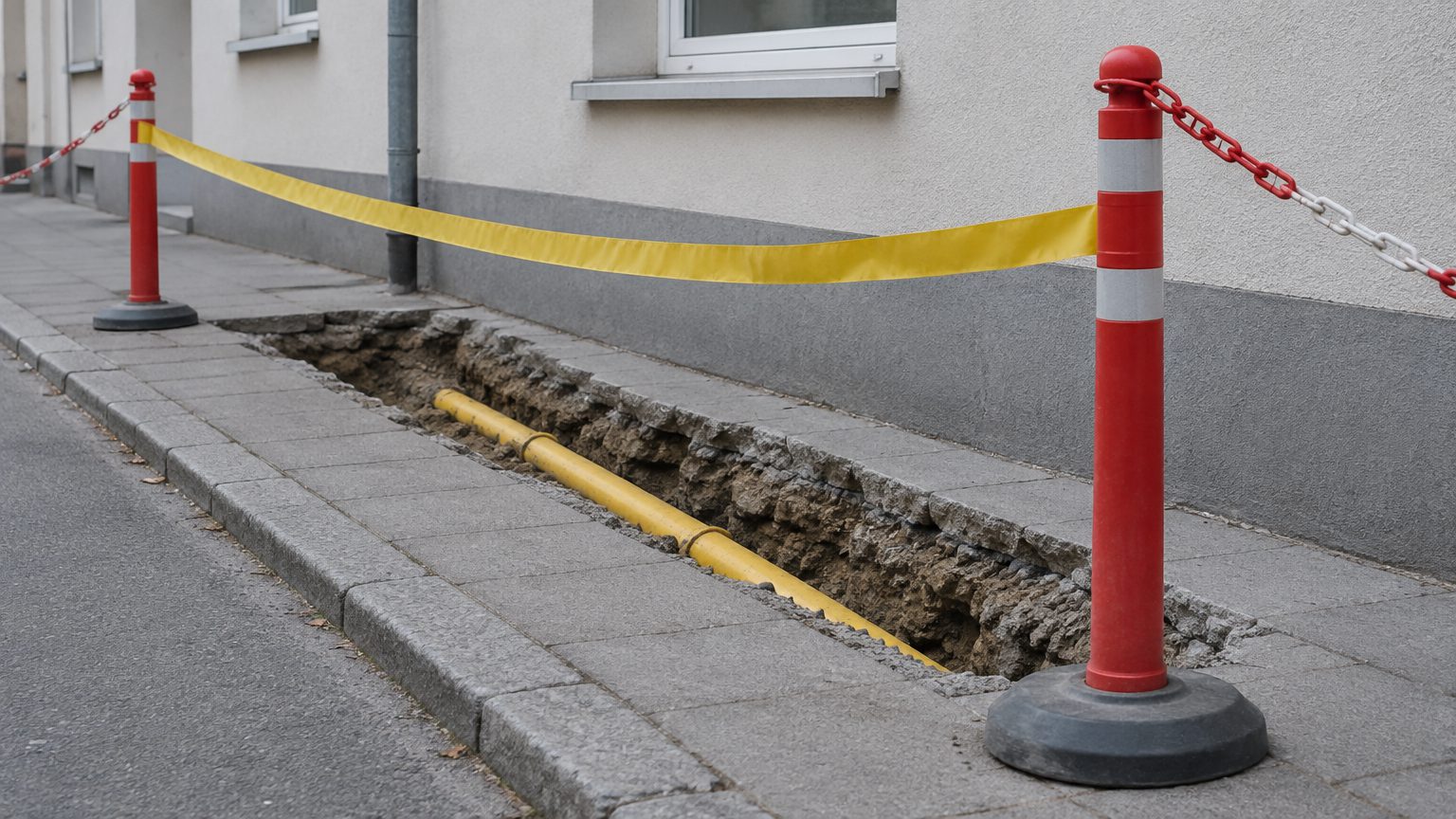 Symbolbild: eine offene Künette im Gehsteig vor einer Hauswand, darin eine gelbe Gasleitung, darüber ein gelbes Warnband zwischen zwei roten Absperrständern