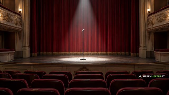 Symbolbild: leere Theaterbühne mit rotem Vorhang und einem Mikrofon im Lichtkegel