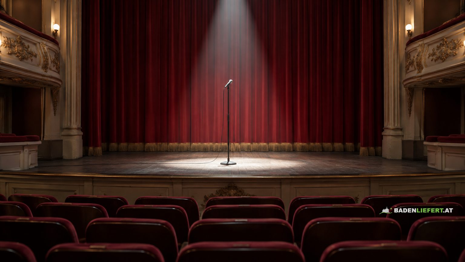 Symbolbild: leere Theaterbühne mit rotem Vorhang und einem Mikrofon im Lichtkegel