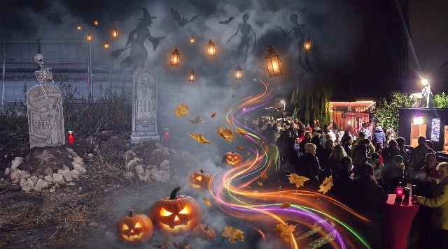 Bildmontage des Horror House: Grabsteine mit Skelett, leuchtende Kürbisse und Laternen, rechts Besucherinnen und Besucher bei Nacht vor einer beleuchteten Bar