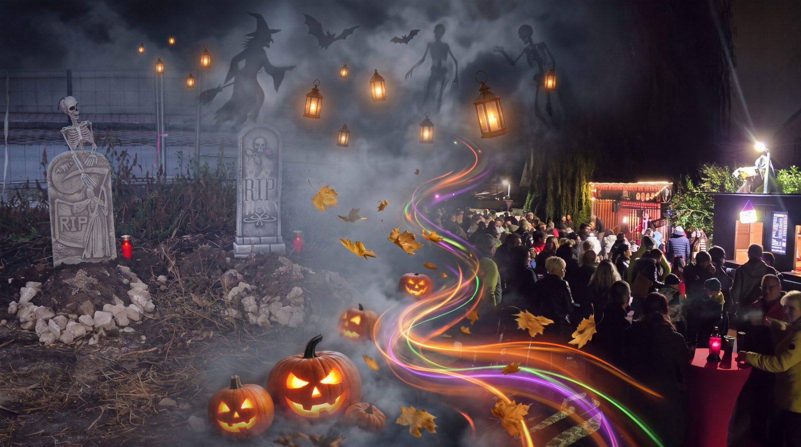 Bildmontage des Horror House: Grabsteine mit Skelett, leuchtende Kürbisse und Laternen, rechts Besucherinnen und Besucher bei Nacht vor einer beleuchteten Bar