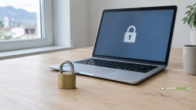 Symbolbild: aufgeklappter Laptop mit Schloss-Symbol auf dem Bildschirm, davor ein Vorhängeschloss aus Messing auf einem hellen Holztisch