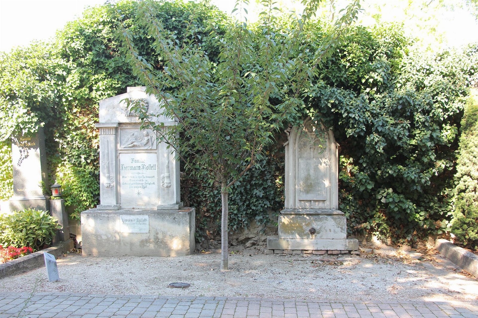 Steinernes Grabmal der Familie Hermann Rollett vor einer efeubewachsenen Mauer, daneben ein zweiter alter Grabstein