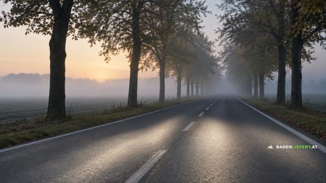 Symbolbild: leere Landstraße mit Alleebäumen im Morgennebel, Scheinwerferlicht auf dem Asphalt