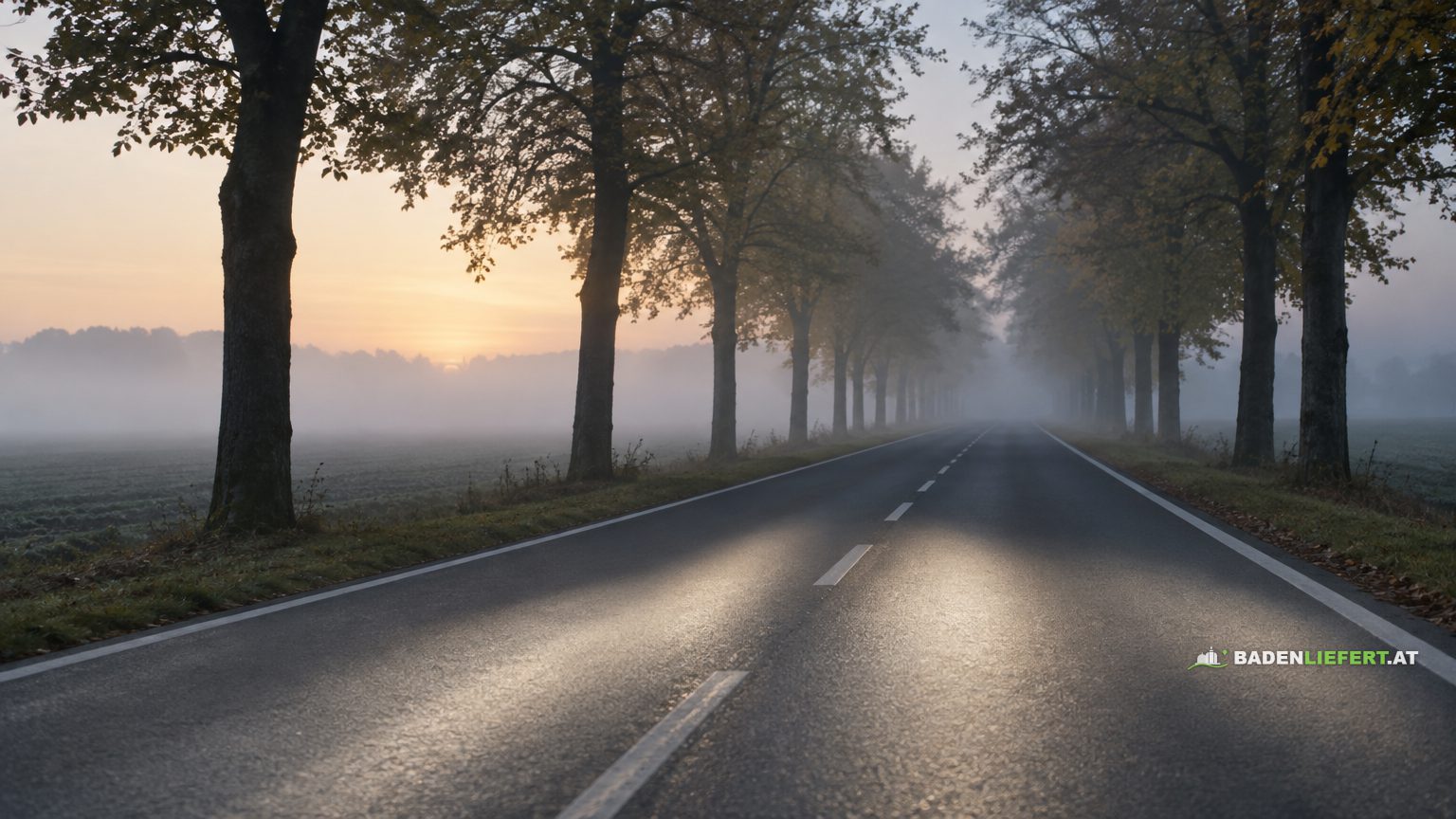 Symbolbild: leere Landstraße mit Alleebäumen im Morgennebel, Scheinwerferlicht auf dem Asphalt