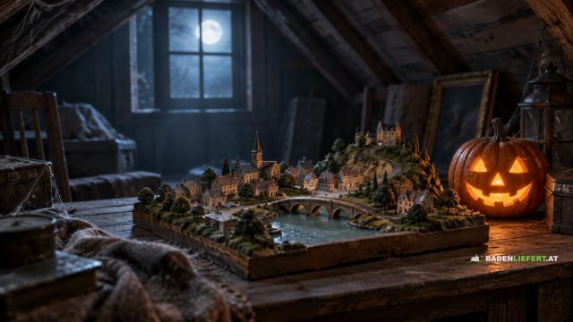 Symbolbild: Miniaturmodell einer kleinen Stadt mit Brücke auf einem Tisch in einem alten Dachboden bei Mondlicht, daneben eine leuchtende Kürbislaterne