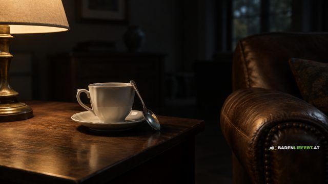 Symbolbild: weiße Teetasse mit Löffel auf einem dunklen Holztisch im Lampenlicht, daneben die Armlehne eines Ledersessels in einem dunklen Wohnzimmer