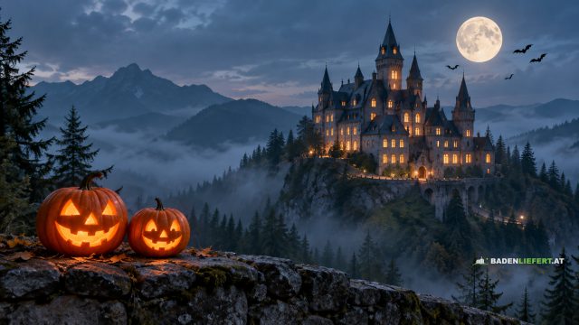 Symbolbild: ein Schloss mit vielen erleuchteten Fenstern auf einem bewaldeten Felsen im Nebel, darüber Vollmond und Fledermäuse, vorne zwei leuchtende Kürbislaternen auf einer Steinmauer