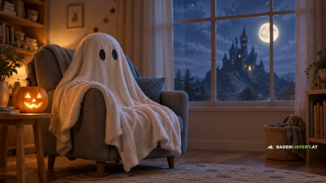 Symbolbild: weiße Kuscheldecke über einem Sessel, die wie ein kleines Gespenst aussieht, daneben eine leuchtende Kürbislaterne, durchs Fenster eine Burg unter dem Vollmond