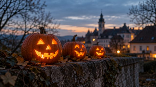 Symbolbild: drei leuchtende, geschnitzte Kürbisse auf einer Steinmauer in der Abenddämmerung, dahinter unscharf eine Kleinstadt mit Kirchturm