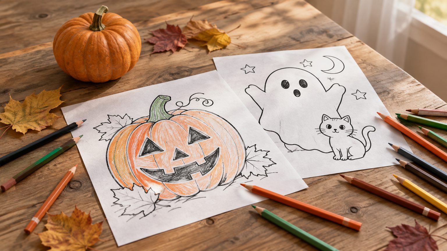 Ausgedruckte Halloween-Malvorlagen mit Kürbis und Gespenst auf einem Holztisch, daneben Buntstifte