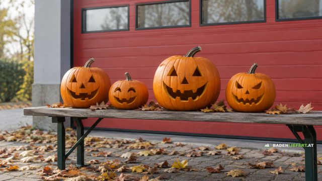 Symbolbild: vier geschnitzte Halloween-Kürbisse auf einer Holzbank vor einem roten Rolltor, Herbstlaub am Boden