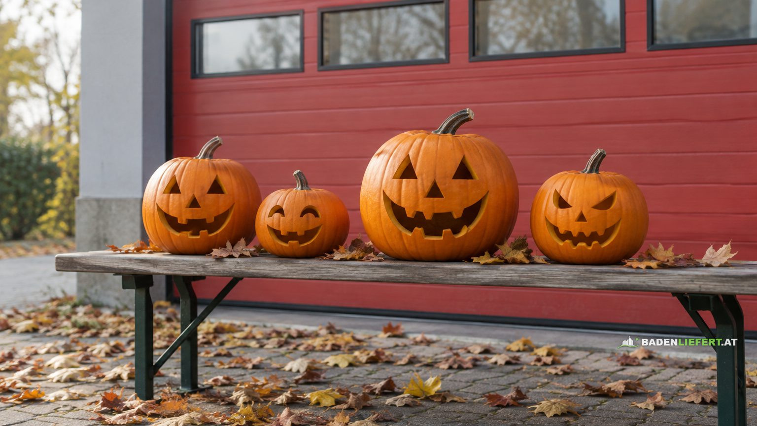Symbolbild: vier geschnitzte Halloween-Kürbisse auf einer Holzbank vor einem roten Rolltor, Herbstlaub am Boden
