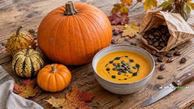 Symbolbild: großer orangefarbener Kürbis, Zierkürbisse, eine Schale Kürbiscremesuppe mit Kernöl und Kernen, eine Papiertüte mit schokolierten Kürbiskernen und Herbstlaub auf einem Holztisch