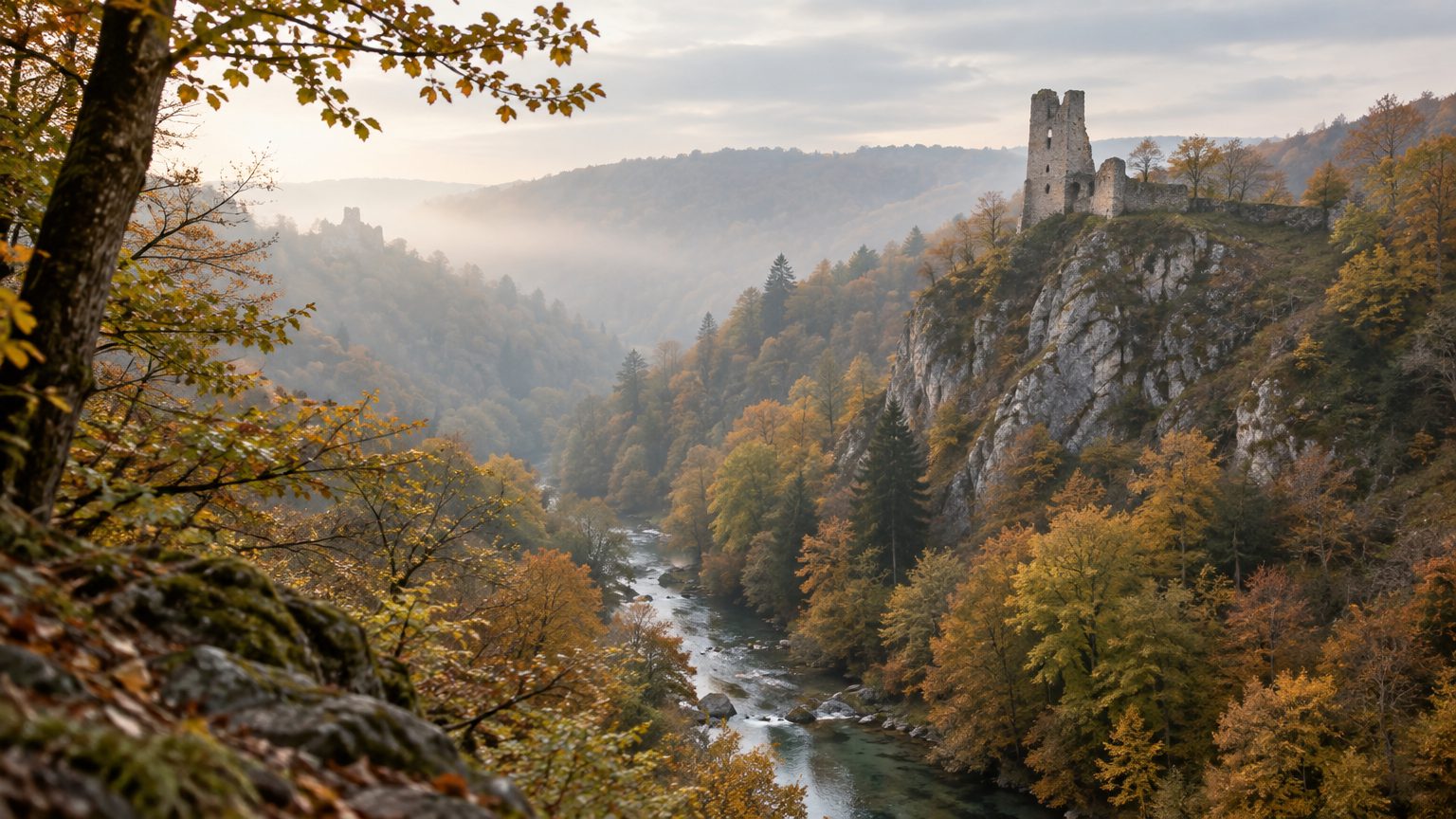 Symbolbild: Blick von einem bewaldeten Hang in ein enges Flusstal im Herbstnebel, unten ein Bach zwischen Laubbäumen, auf einer Felskante die Mauerruine eines mittelalterlichen Turms