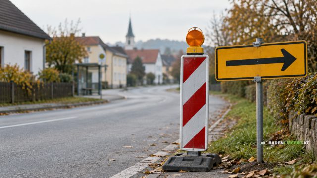 Symbolbild: rot-weiße Absperrbake mit Warnleuchte und gelbes Umleitungsschild am Rand einer Dorfstraße im Herbst