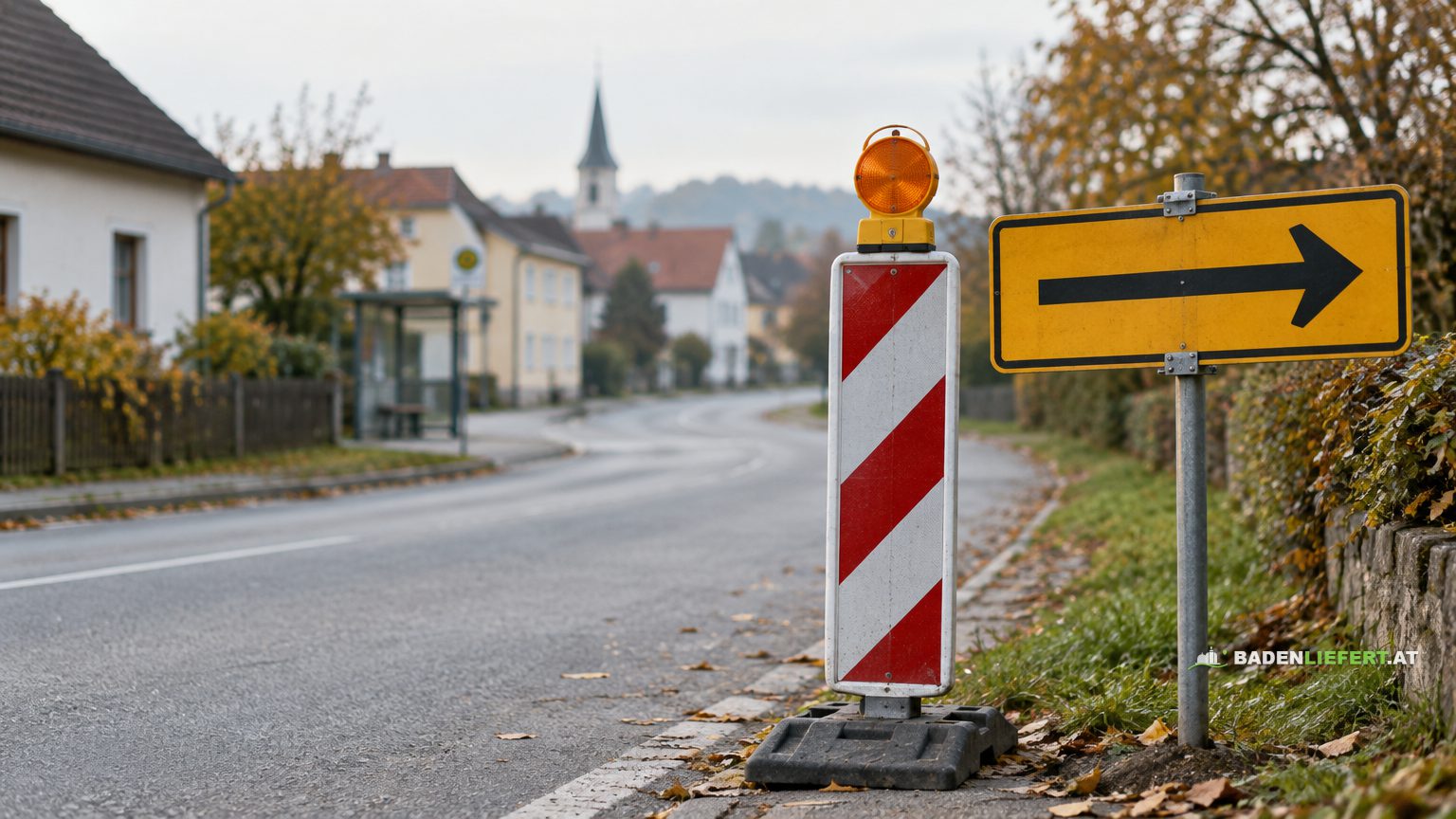 Symbolbild: rot-weiße Absperrbake mit Warnleuchte und gelbes Umleitungsschild am Rand einer Dorfstraße im Herbst