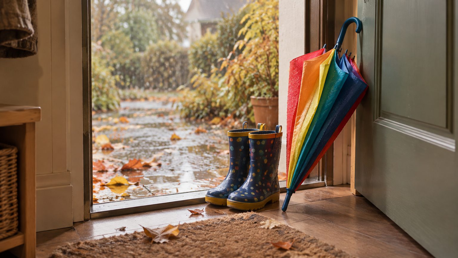 Symbolbild: Kindergummistiefel und ein bunter Regenschirm an einer offenen Haustür, draußen Regen und Herbstlaub