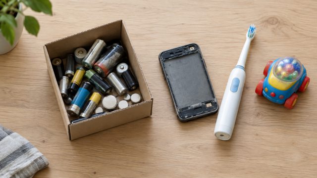 Symbolbild: Karton mit alten Rund- und Knopfzellen auf einem Holztisch, daneben ein ausgedientes Handy ohne Display, eine elektrische Zahnbürste und ein Spielzeugauto